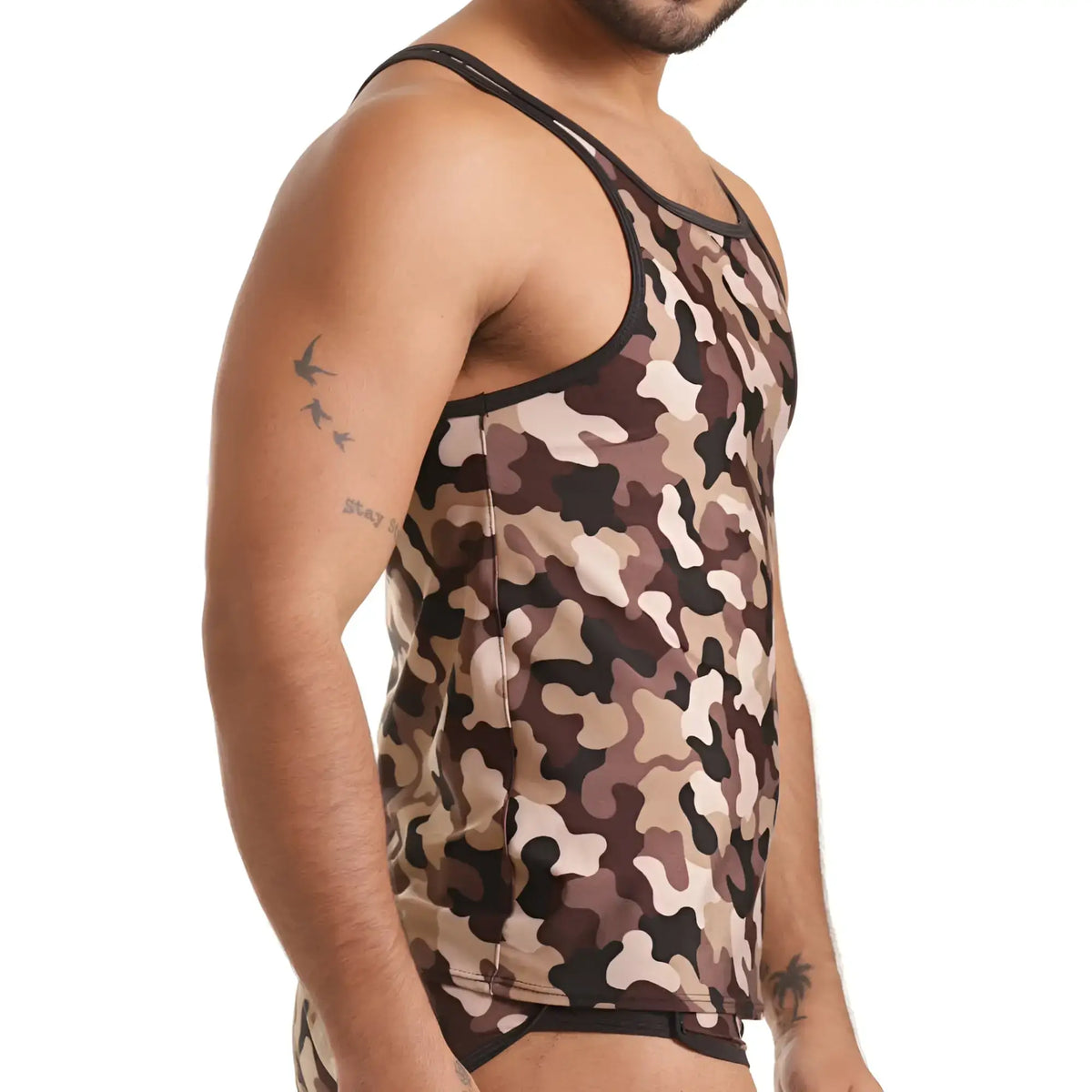 A menÃ¢â‚¬â„¢s gigo combat brown tank camouflage tank top with black trim and brown beige dark gray splotches pattern