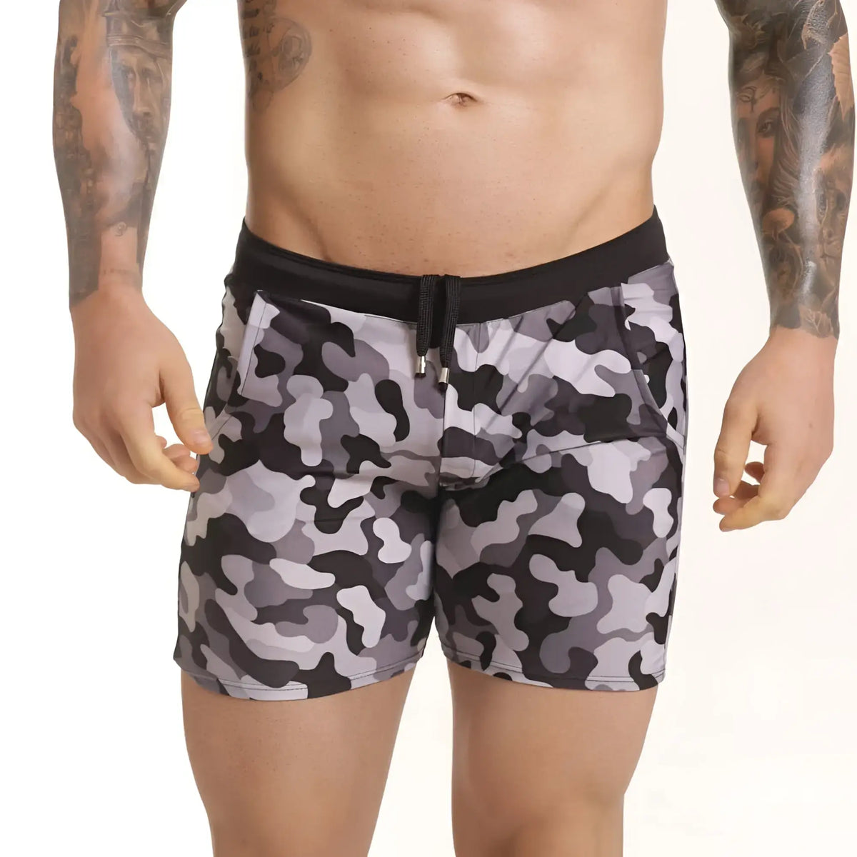 Gigo combat gray beachwear black and gray camouflage swim trunks with black elastic waistband for beach use