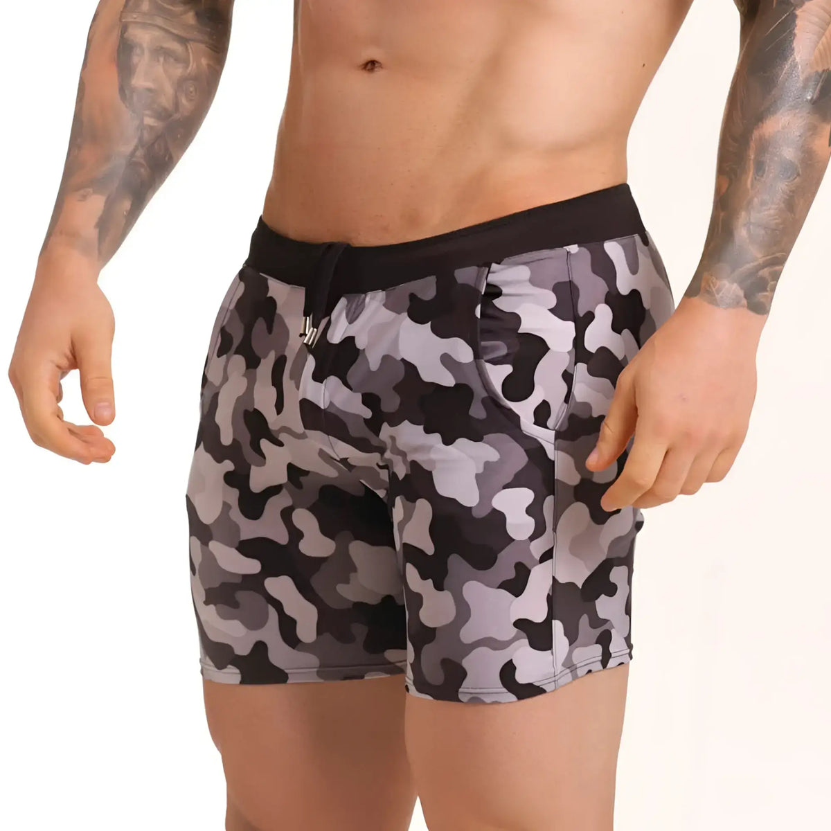 Gigo combat gray beachwear black and gray camouflage shorts with black elastic waistband for beachwear use