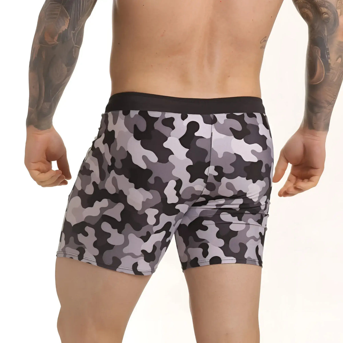 Gray and black camouflage boxer briefs with solid black waistband from gigo combat gray beachwear collection