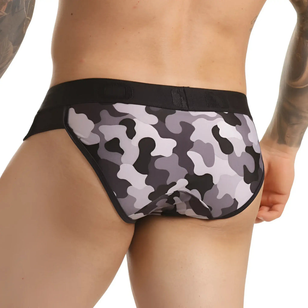 Gigo combat gray briefs in black and gray camouflage pattern with black elastic waistband for comfortable wear