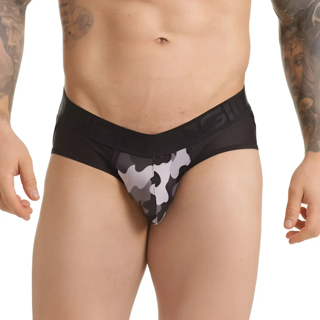 Gigo combat gray brief jockstrap in black and gray camouflage with sheer elastic waistband and breathable material