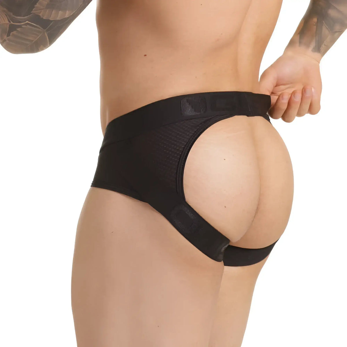 Black gigo combat gray brief jockstrap with wide elastic waistband mesh material and embossed branding on band