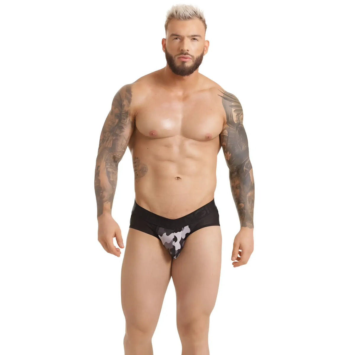 Gigo combat gray brief jockstrap with black and white camouflage pattern showing front view