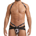 Black and white camouflage menÃ¢â‚¬â„¢s briefs with halter-style design in gigo combat gray jockstrap harness