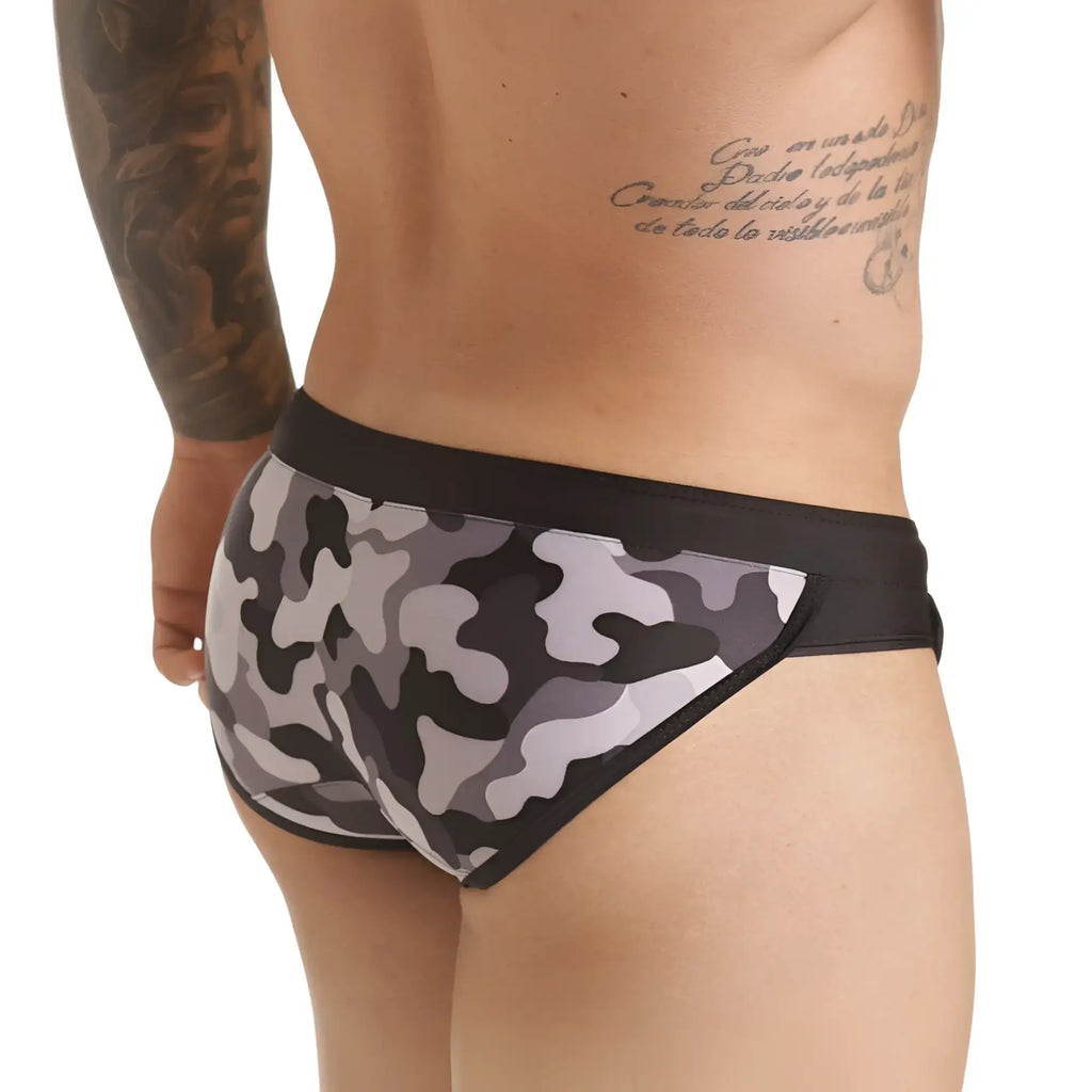 Gigo combat gray swim brief in black and gray camouflage pattern with solid black waistband for swimwear use