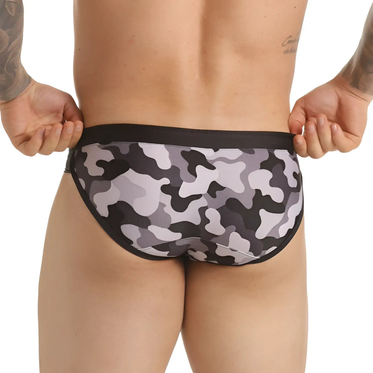 Gigo combat gray swim brief in black and gray camouflage pattern with solid black waistband for swimming