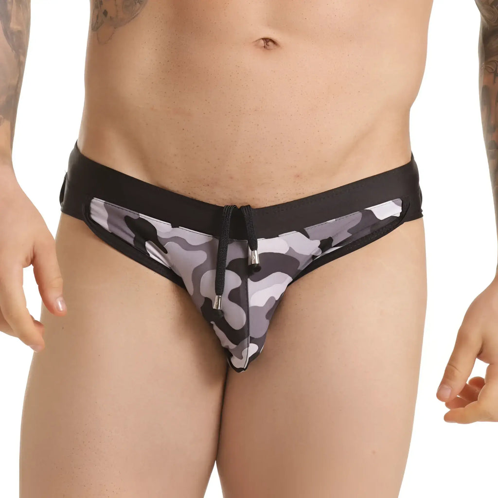 Black and gray camouflage patterned gigo combat gray swim brief with drawstring waistband for swimming use