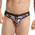 Black and gray camouflage patterned gigo combat gray swim brief with drawstring waistband for swimming use