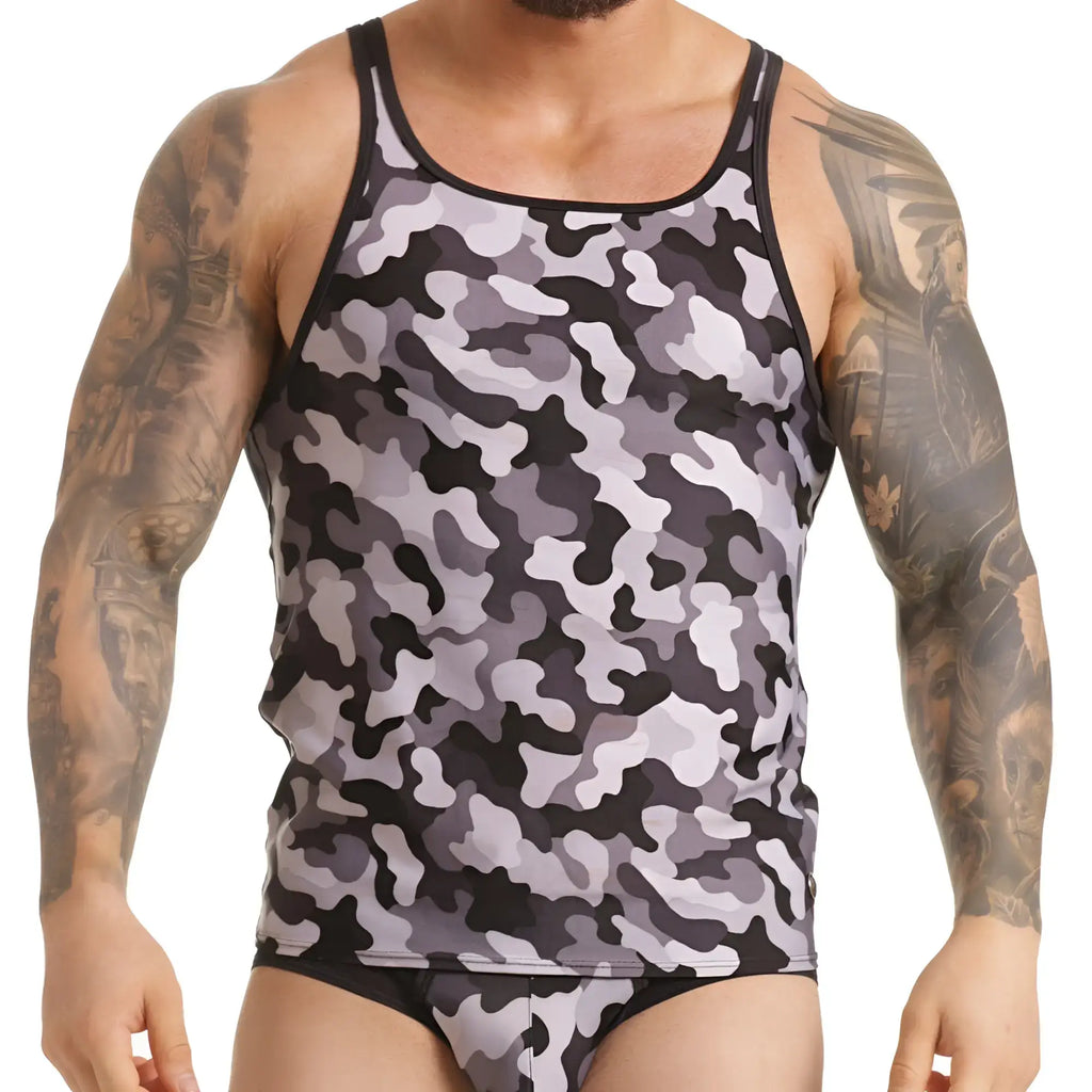 Gigo Combat Gray tank is a black and gray camouflage cotton tank top with black trim for active wear