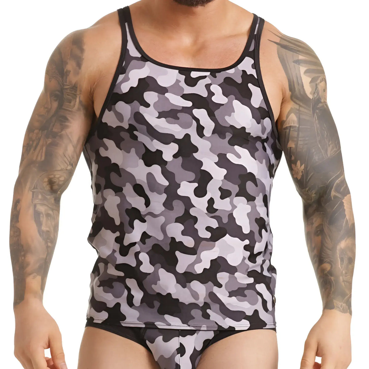 Gigo Combat Gray tank is a black and gray camouflage cotton tank top with black trim for active wear