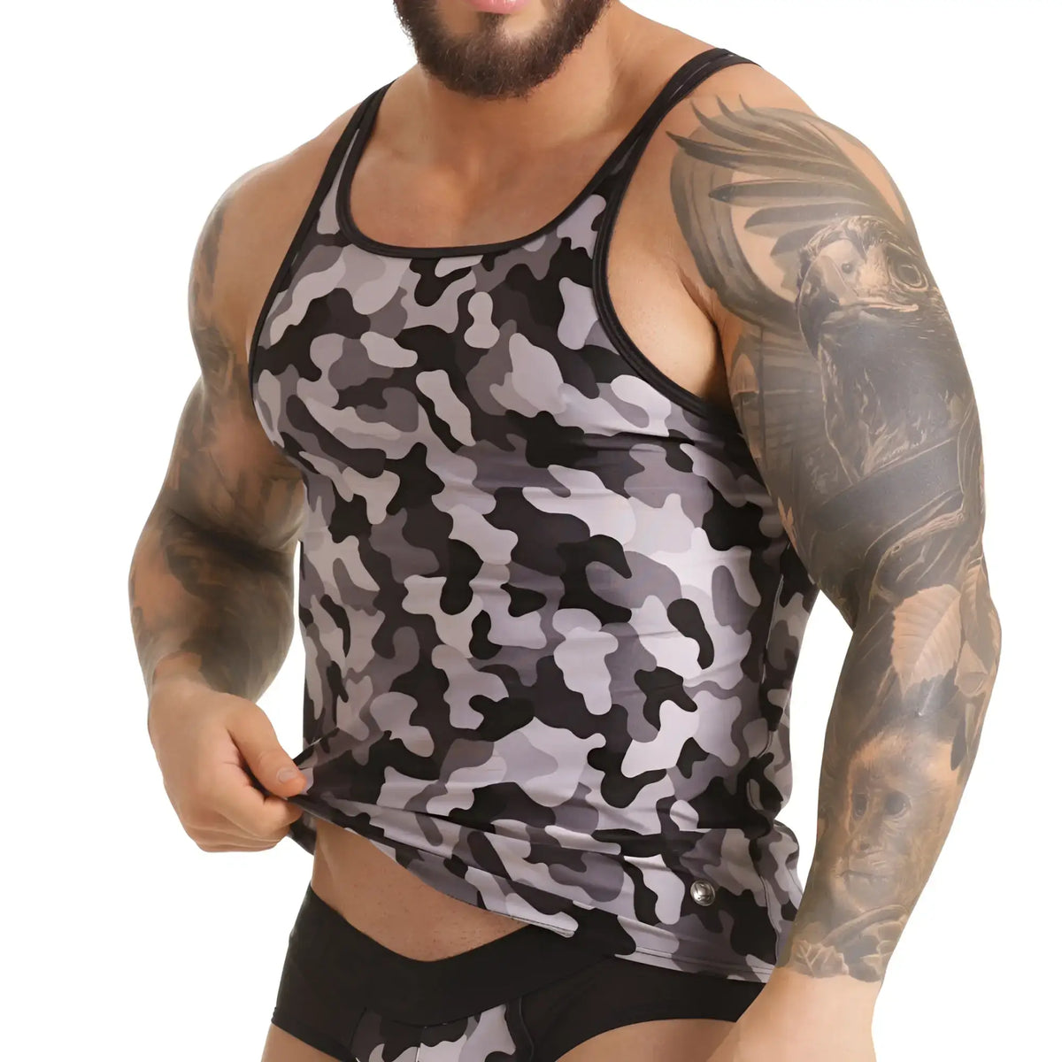 Gigo combat gray tank is a black and gray camouflage patterned tank top with black trim designed for active wear