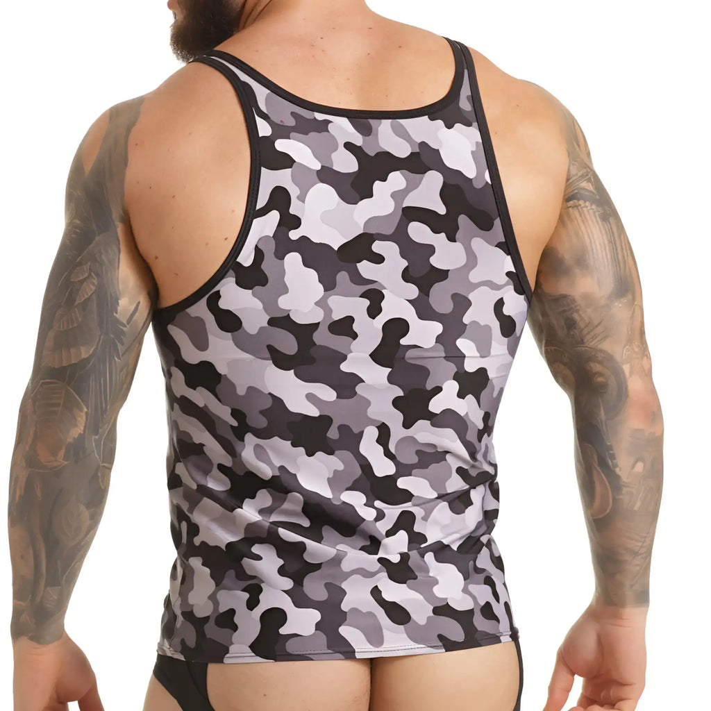 Gray and black camouflage patterned gigo combat gray tank top with a sleek fitted design for active wear