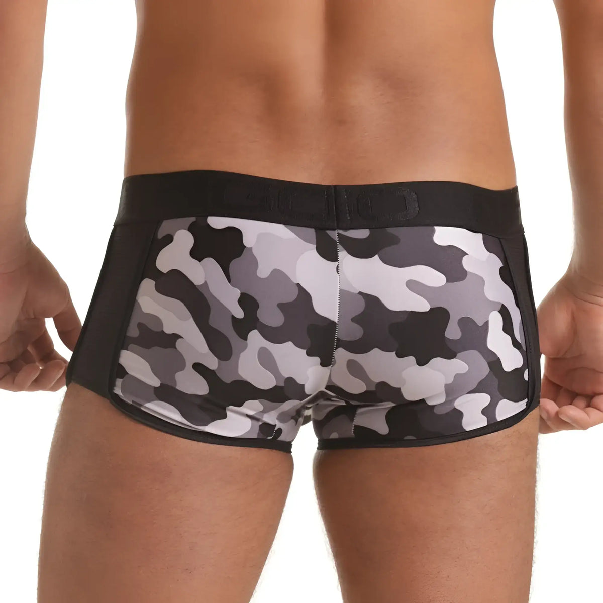 Gigo Combat Gray trunk menÃ¢â‚¬â„¢s briefs with black and gray camouflage pattern and solid black waistband