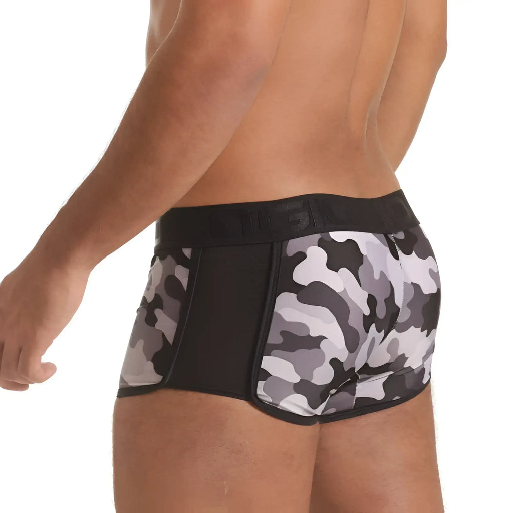 Black and gray camouflage patterned menÃ¢â‚¬â„¢s briefs with solid black waistband gigo combat gray trunk