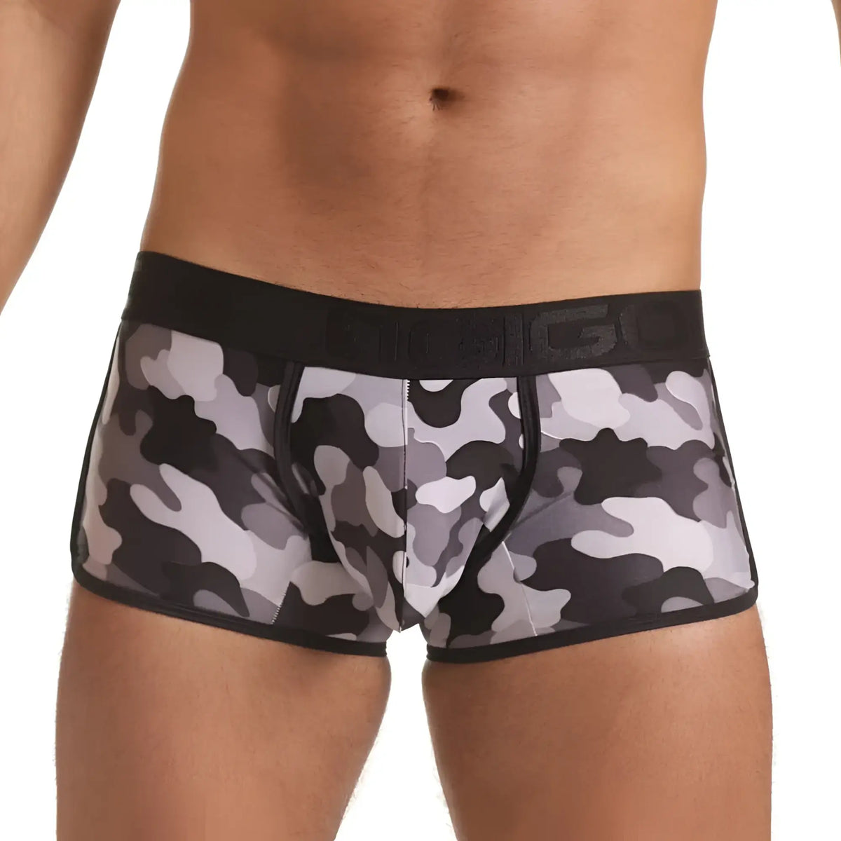 MenÃ¢â‚¬â„¢s gigo combat gray trunk briefs in black and gray camouflage with black elastic waistband featuring bigg logo