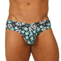 Black gigo comics swimbrief swim trunks with teal and white cartoon creatures and metal rings at the waistband