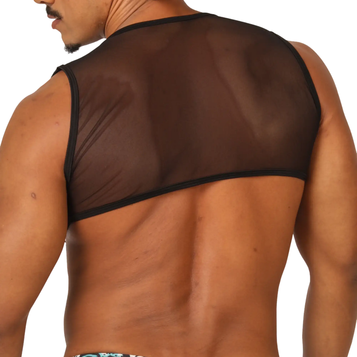 Black sheer mesh tank top with black trim from gigo comics vest harness showing front side details