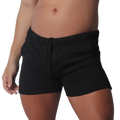 Black cotton-blend casual shorts featuring an elasticated waistband and matching drawstring.