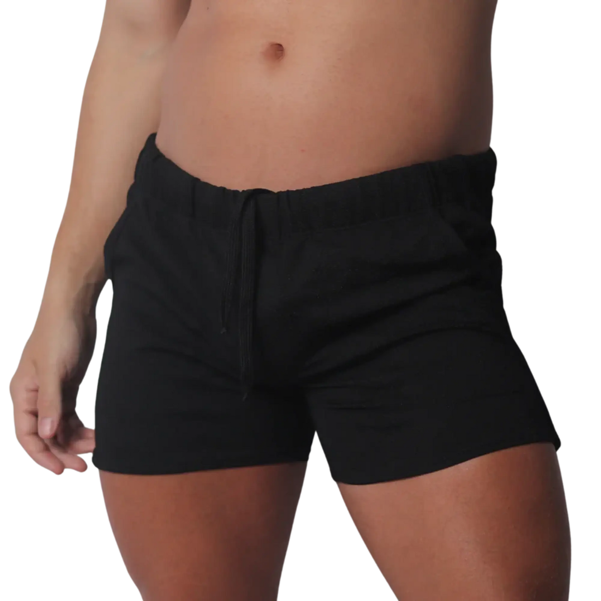 Black cotton-blend casual shorts featuring an elasticated waistband and matching drawstring.