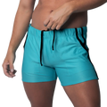 Cyan blue short-length athletic shorts with black drawstring and side piping, made of breathable textured fabric.