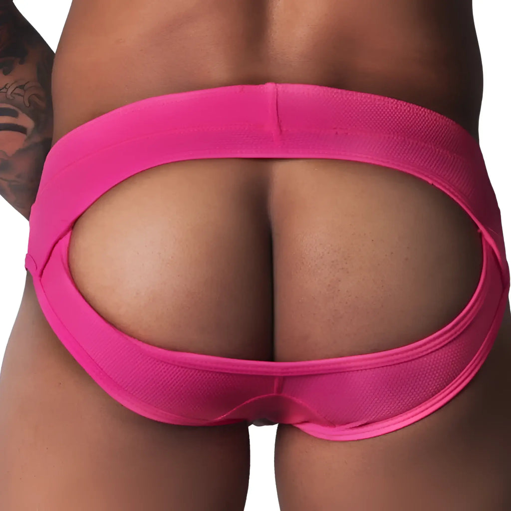 Fuchsia-coloured jockstrap made of textured fabric, featuring a wide, open-back cutout design.