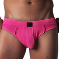 Fuchsia textured mesh jockstrap brief with a wide waistband and a central black logo patch.