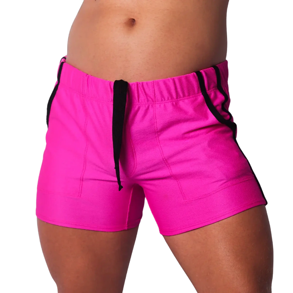 Fuchsia athletic mesh shorts with a black elastic waistband, black drawstrings, and black side trim.