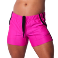 Fuchsia athletic mesh shorts with a black elastic waistband, black drawstrings, and black side trim.