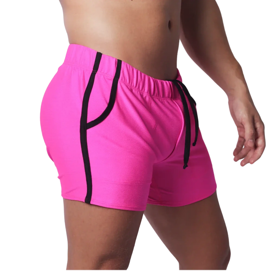 Fuchsia mesh athletic shorts with black trim along the pockets and sides, featuring an elastic drawstring waistband.