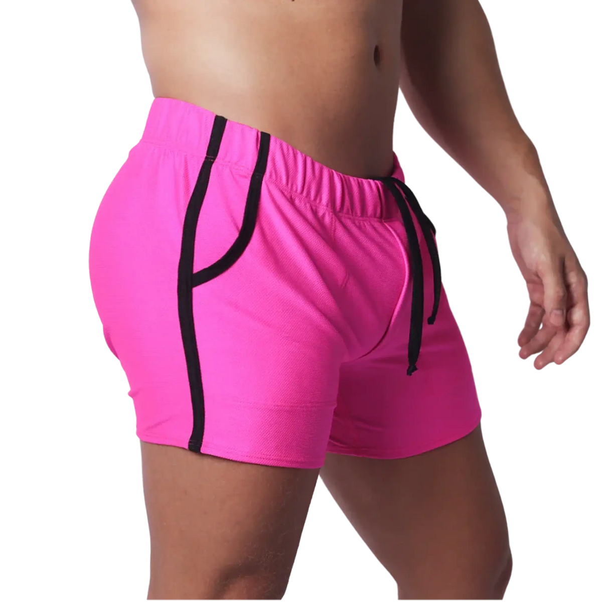 Fuchsia mesh athletic shorts with black trim along the pockets and sides, featuring an elastic drawstring waistband.