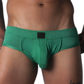 Green textured briefs with a supportive contour pouch, low-rise waistband, and small black logo patch.