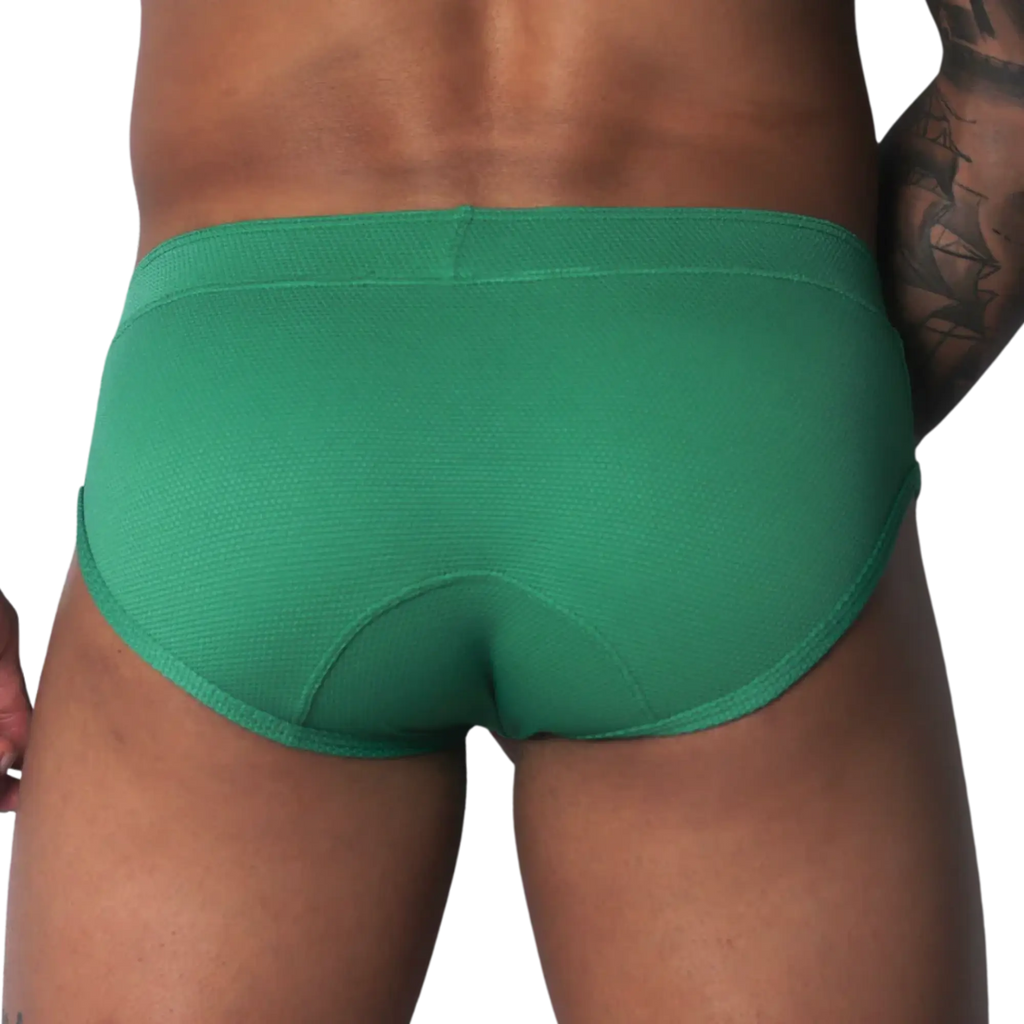 Green textured microfiber brief with a contoured back seam, shown from behind.