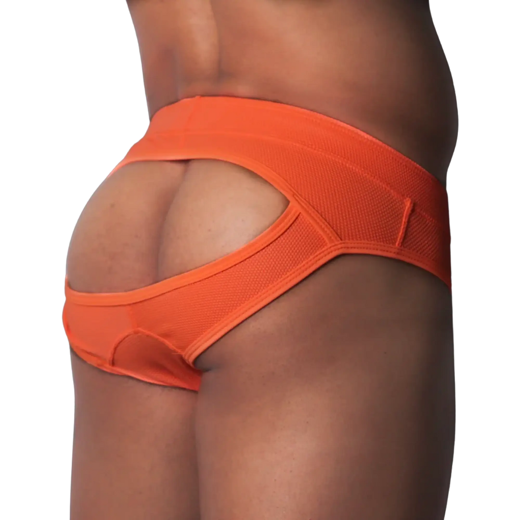 Bright orange jockstrap in textured athletic mesh with a wide waistband and an open-back design.