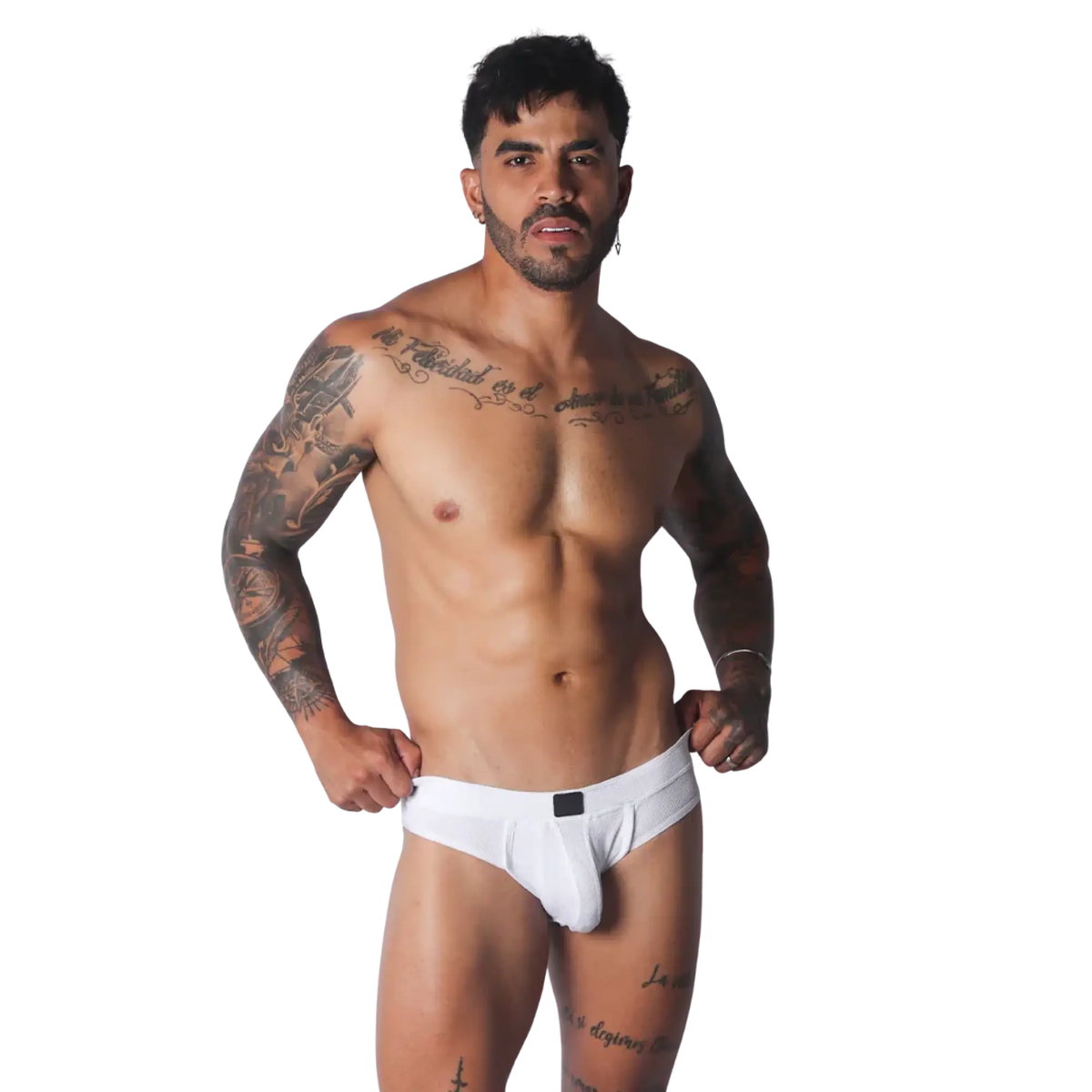 White textured athletic jockstrap with a central black logo tag on the waistband, worn by a muscular man.