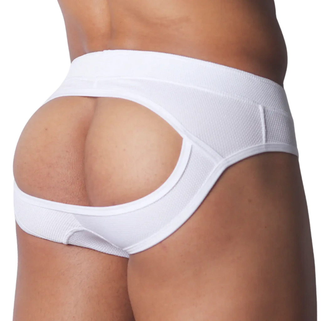 White open-back jockstrap in textured mesh fabric featuring a wide waistband and supportive contoured straps.