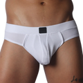 White mesh jockstrap with a textured finish, thick waistband, and a centered black Gigo logo patch.