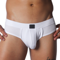 White textured mesh brief with a wide waistband and a small black Gigo logo patch at the front center.