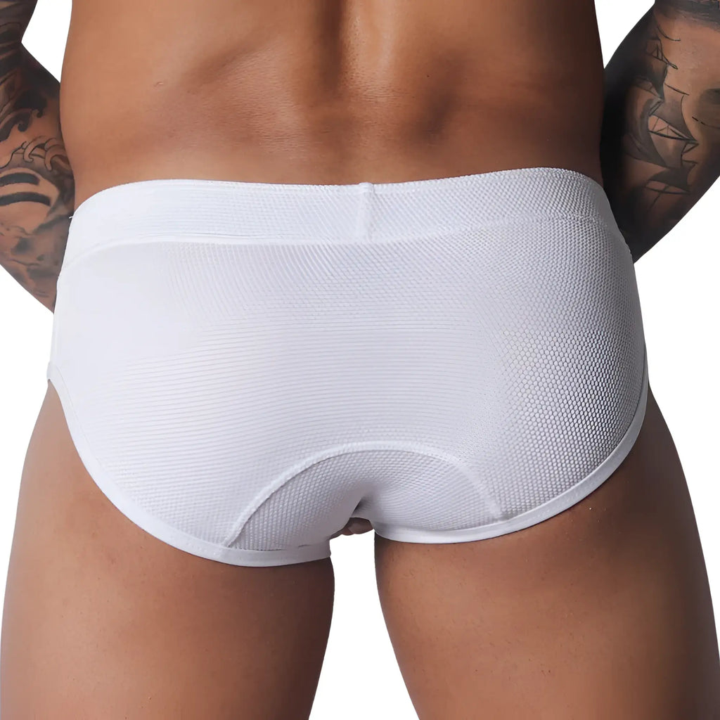White textured mesh brief with a wide waistband and stitched rear panel detail.