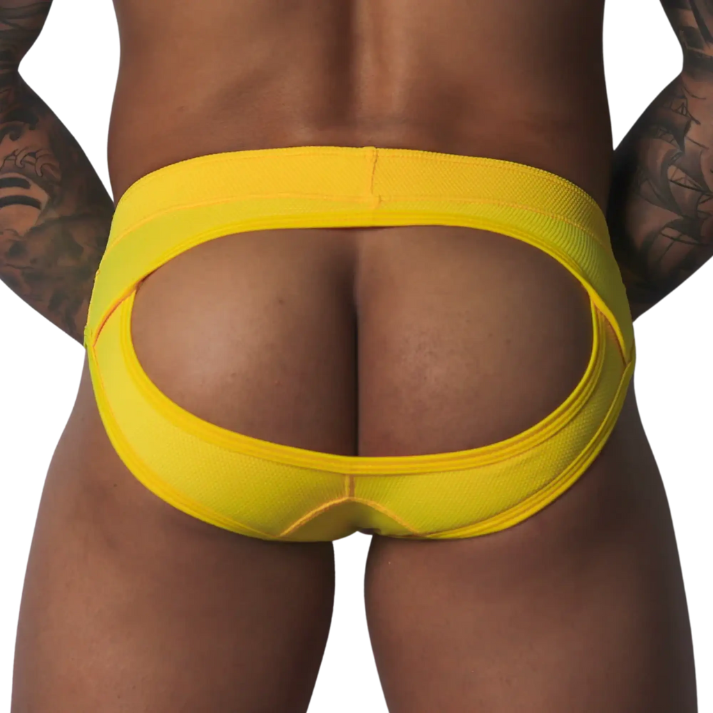 Bright yellow textured jockstrap featuring an open-back design with a thick, supportive waistband.