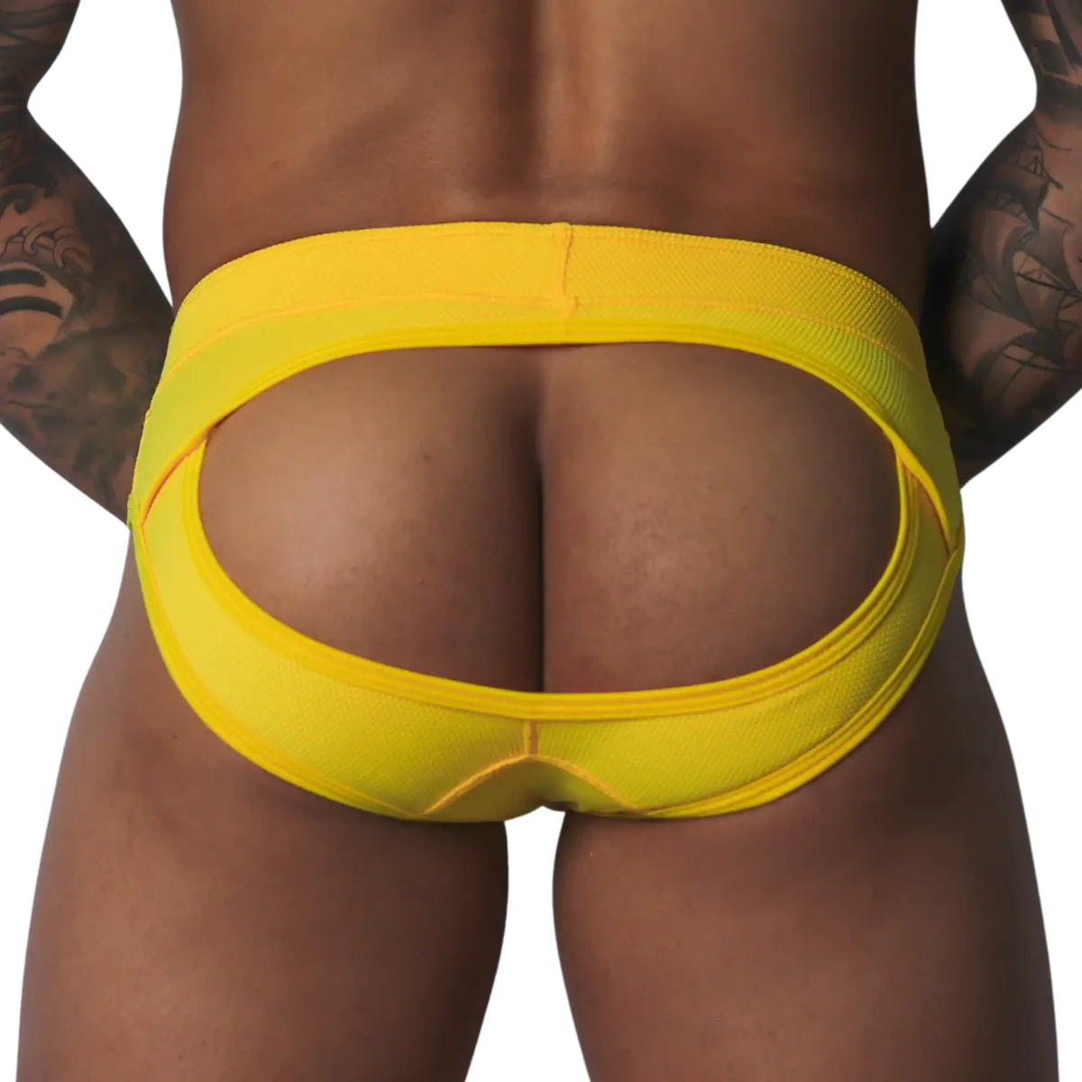 Bright yellow textured jockstrap featuring an open-back design with a thick, supportive waistband.