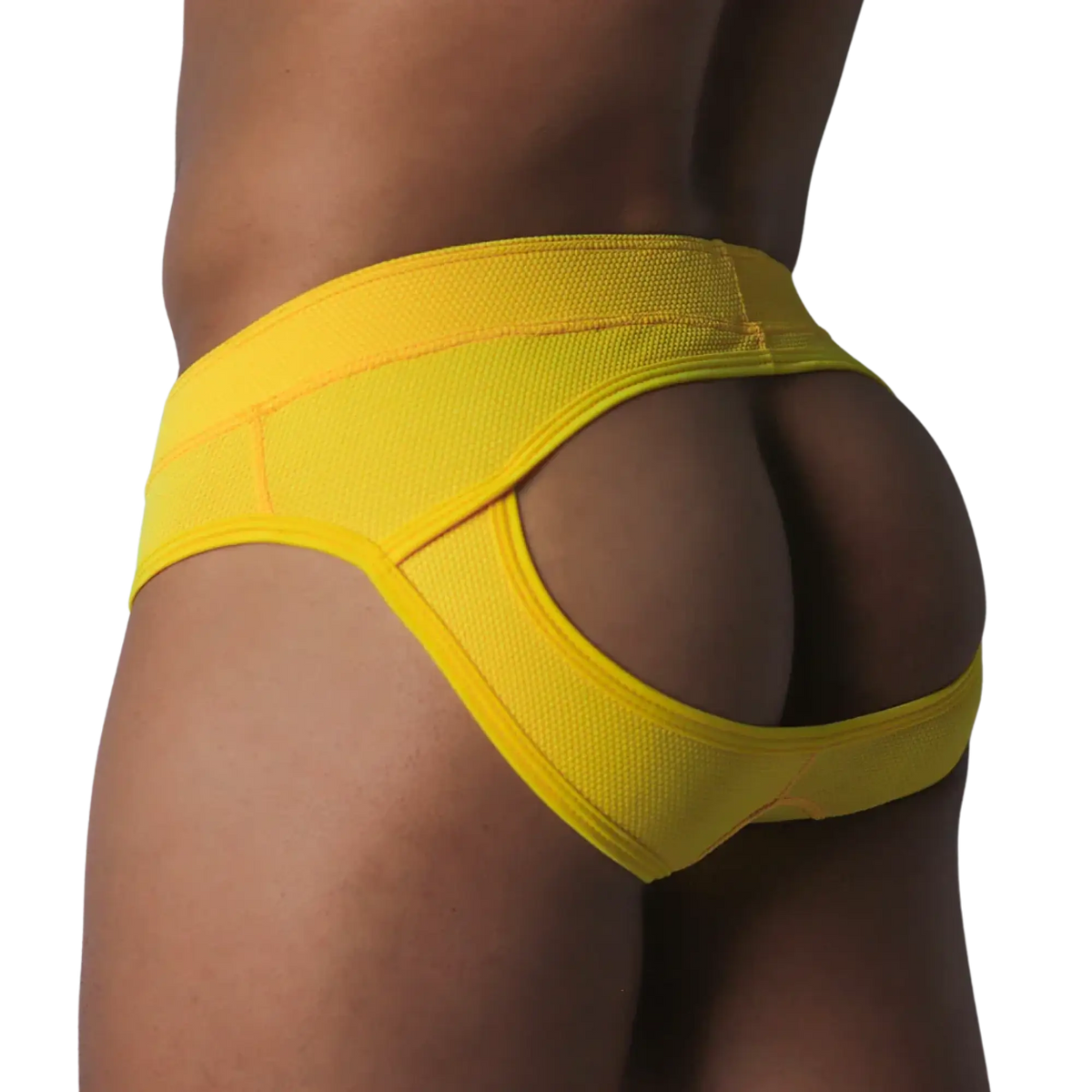 Bright yellow mesh jockstrap with a wide waistband and open-back cutout design.