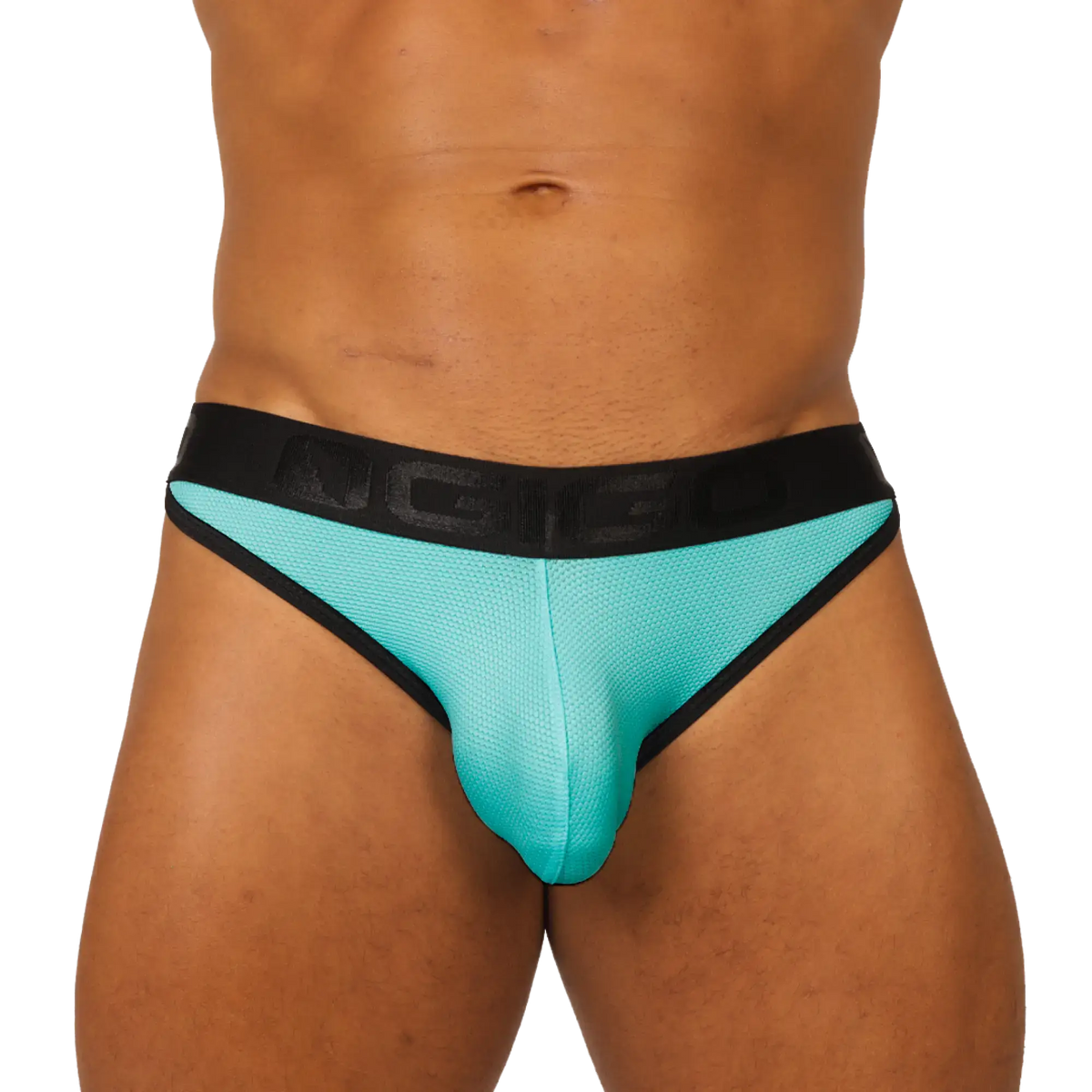 Turquoise mesh gigo cool blue brief with black elastic waistband and trim for breathable comfort