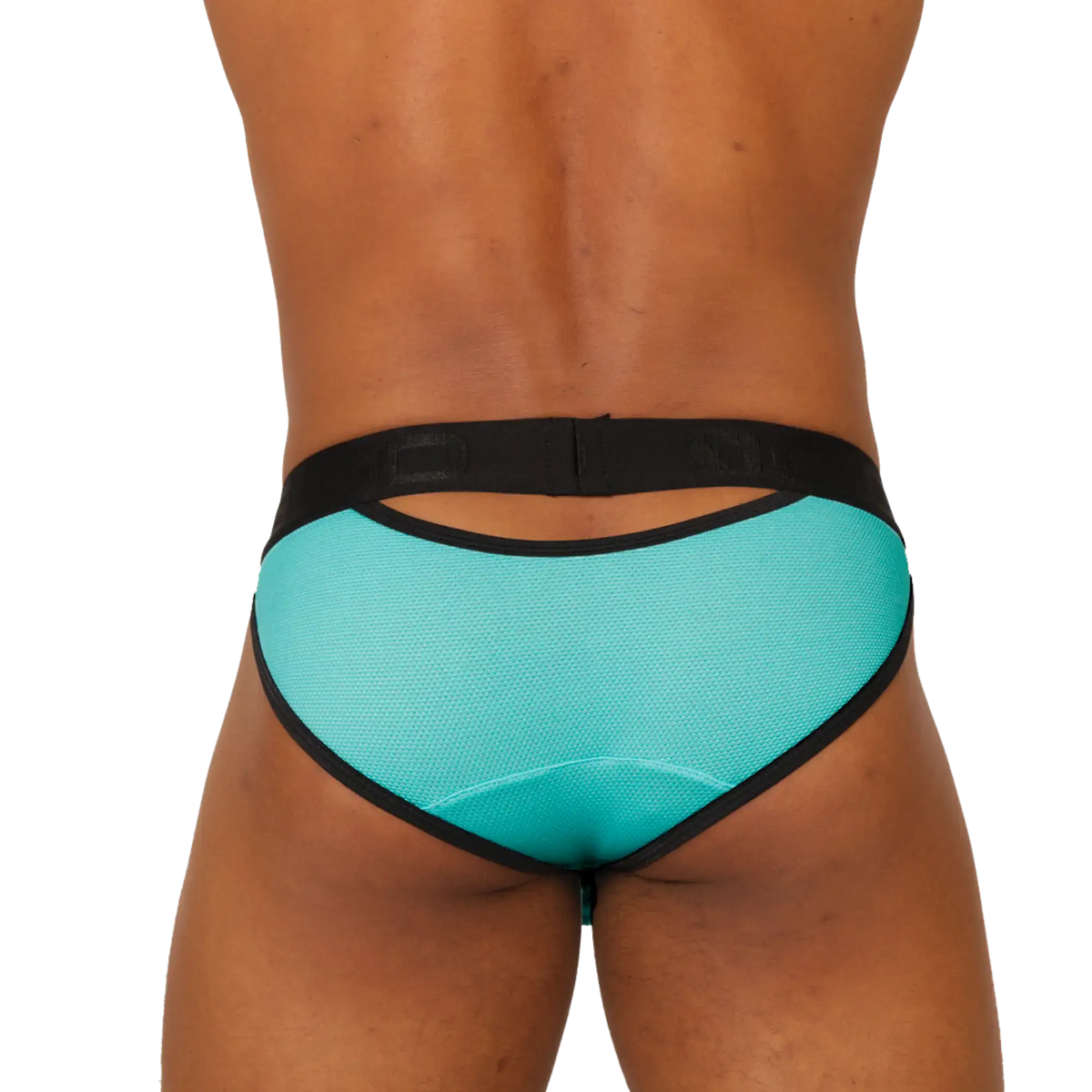 Back view of gigo cool blue brief turquoise mesh briefs with black trim and central cutout for ventilation and style