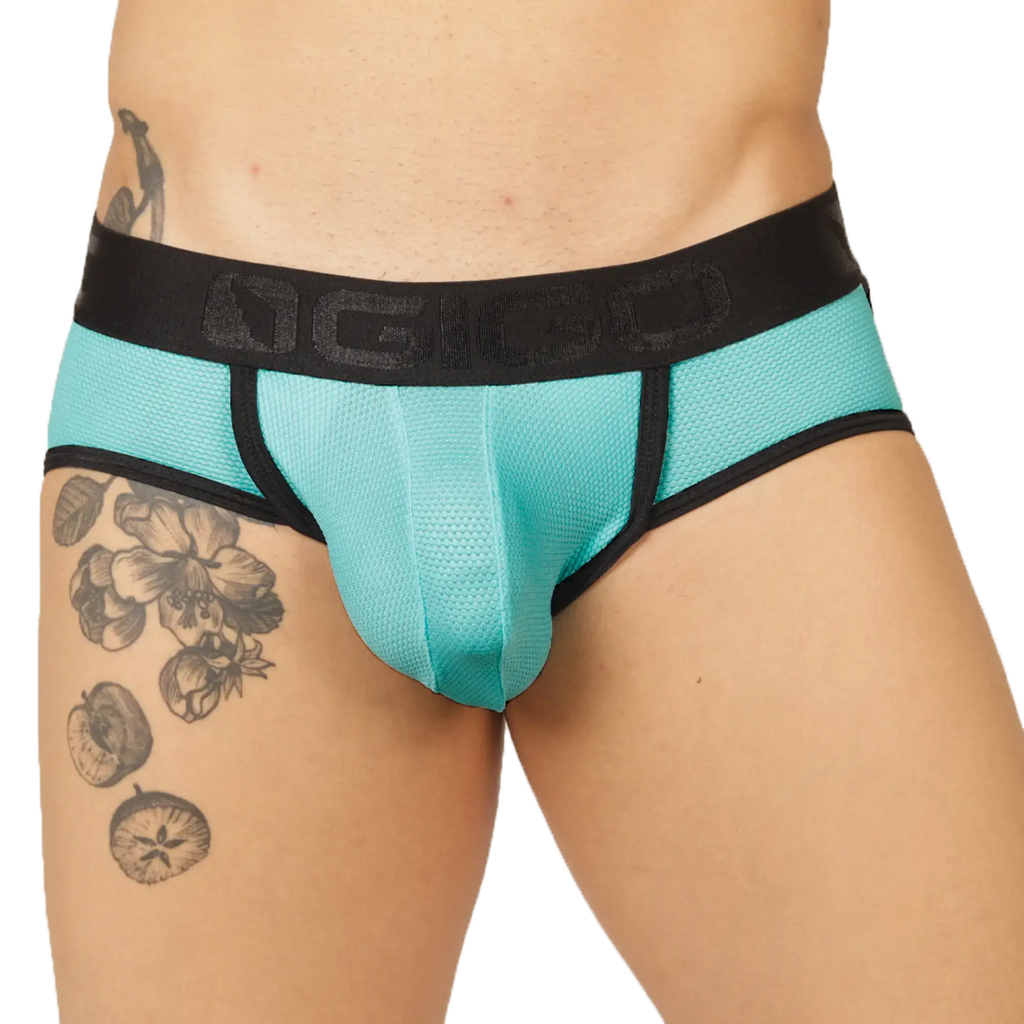 Turquoise mesh briefs with black elastic waistband featuring ngio logo from gigo cool blue jock thong collection