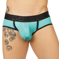 Turquoise mesh briefs with black elastic waistband featuring ngio logo from gigo cool blue jock thong collection