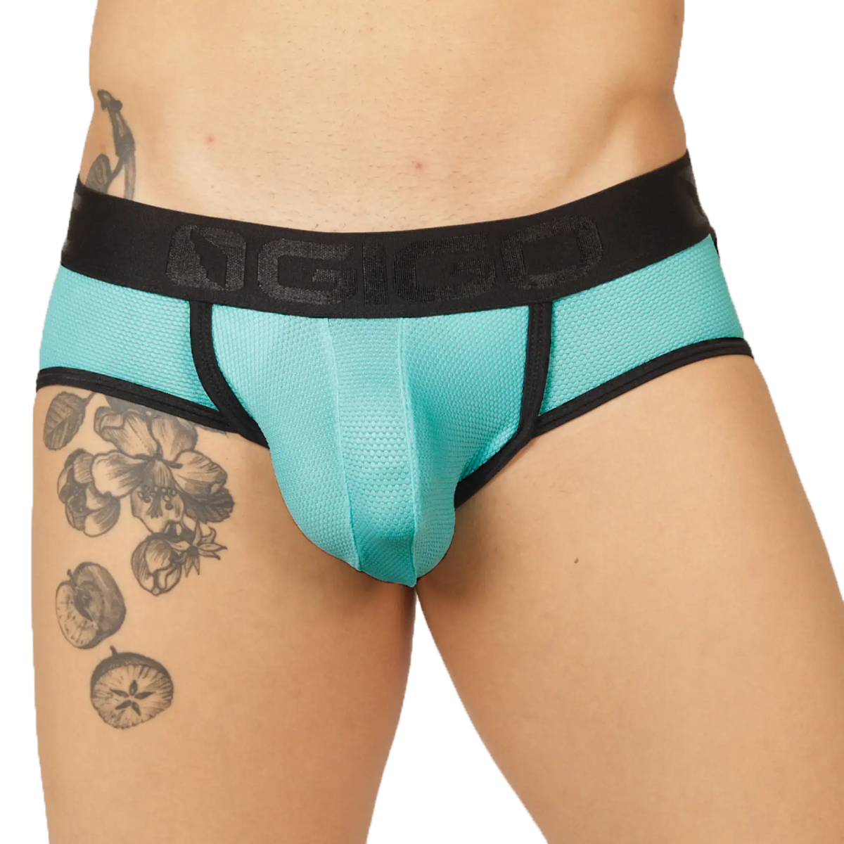 Turquoise mesh briefs with black elastic waistband featuring ngio logo from gigo cool blue jock thong collection