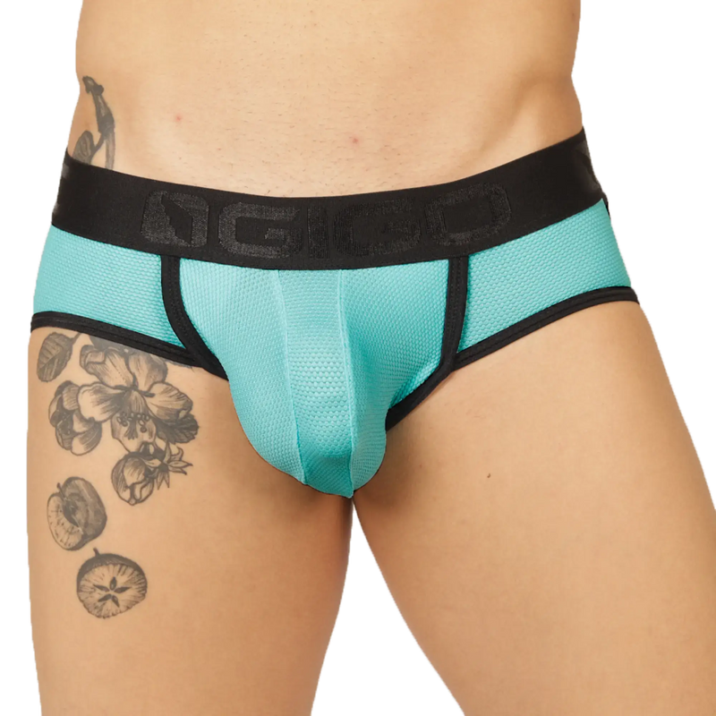 Turquoise mesh briefs with black elastic waistband featuring ngio logo from gigo cool blue jock thong collection