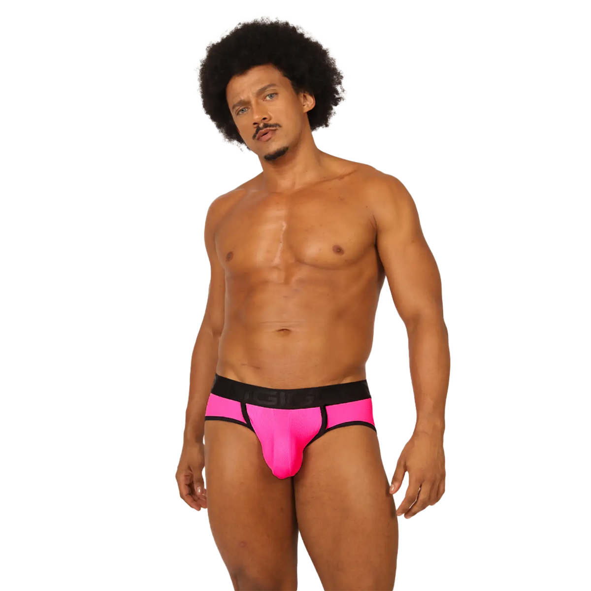 Vibrant pink gigo cool fuchsia jock thong athletic briefs with black waistband and trim for sporty use