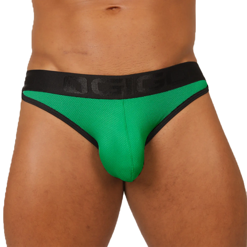 Vibrant green mesh briefs with black trim and a branded waistband gigo cool green brief